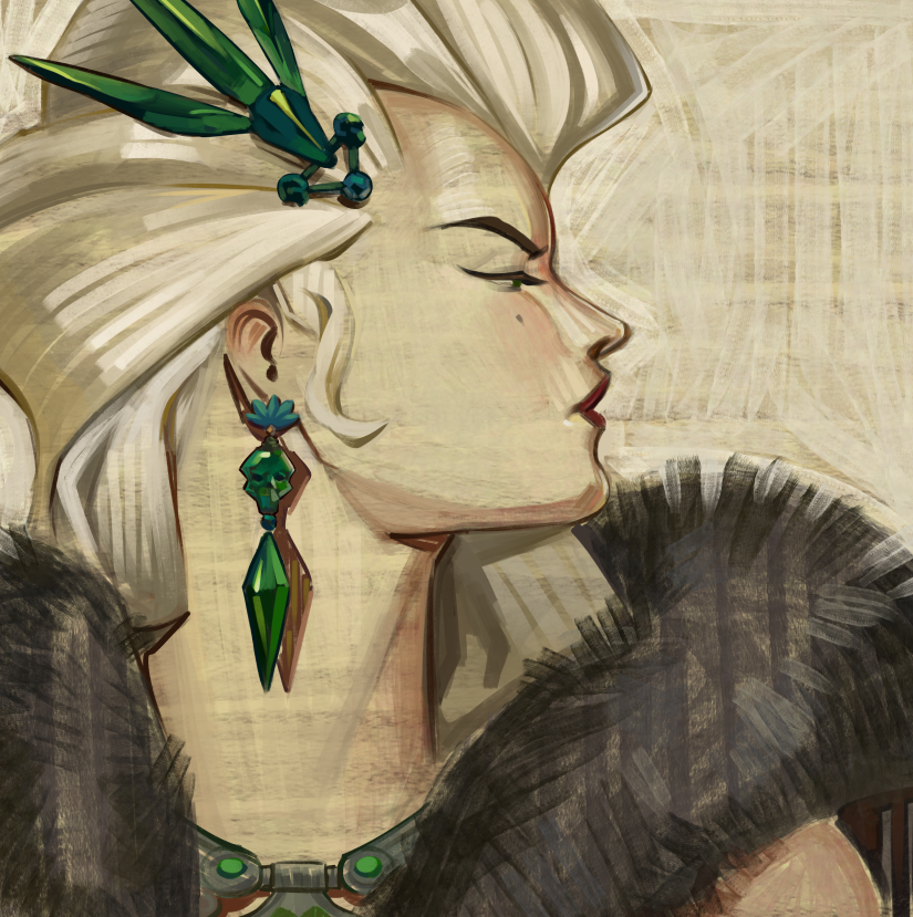 1girl, close-up, deadlock_(game), dragonroilz, dress, earrings, jewelry, lady_geist_(deadlock)