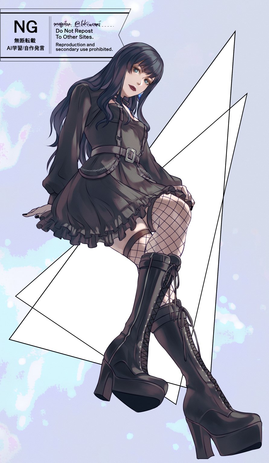 1girl, arm_support, belt, belt_buckle, black_boots, black_choker, black_hair, black_nails