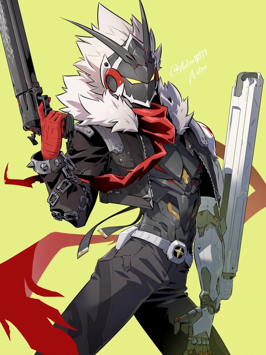 1boy, aalto1031, arm_mounted_weapon, billy_kid, billy_kid_(starlight), black_jacket, black_pants, bracelet