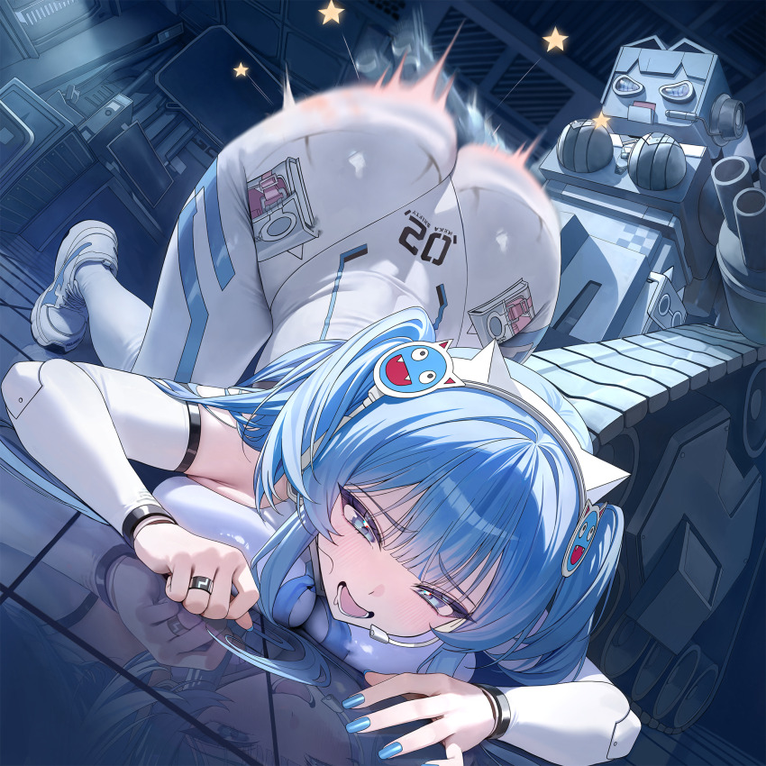 2others, artist_request, ass, ass_smack, bad_discord_link, bad_link, blue_eyes, blue_hair, blue_nails, bodysuit, dutch_angle, game_cg, goddess_of_victory:_nikke, headphones, highres, huge_ass, jewelry, long_hair, mecha, mecha_shifty_(nikke), mekami_shifty_(nikke), multiple_others, nail_polish, official_art, on_ground, open_mouth, reflective_floor, ring, robot, shoes, skindentation, spanked, spanking, spoilers, star_(symbol), top-down_bottom-up, two_side_up
