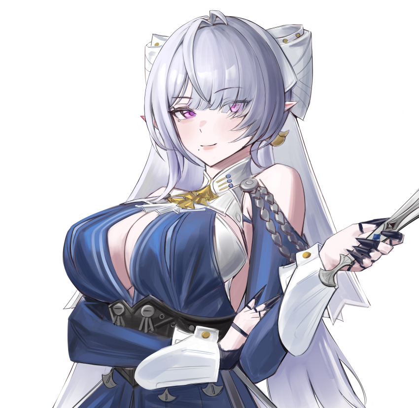 1girl, absurdres, arm_under_breasts, blue_dress, breasts, cleavage, commentary, db_(geuze)