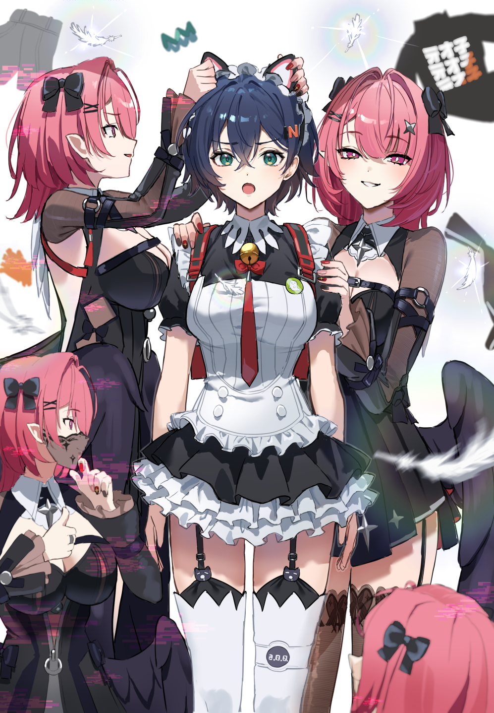 5girls, animal_ears, backpack, bag, belle_(zenless_zone_zero), black_garter_straps, black_thighhighs, blue_hair