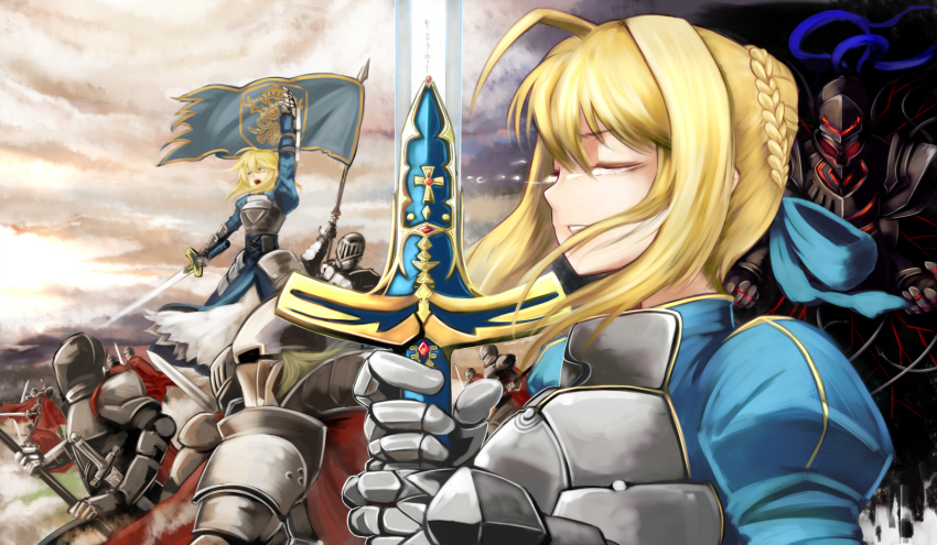 6+boys, ahoge, armor, artoria_pendragon_(fate), battle, berserker_(fate/zero), blonde_hair, caliburn_(fate)