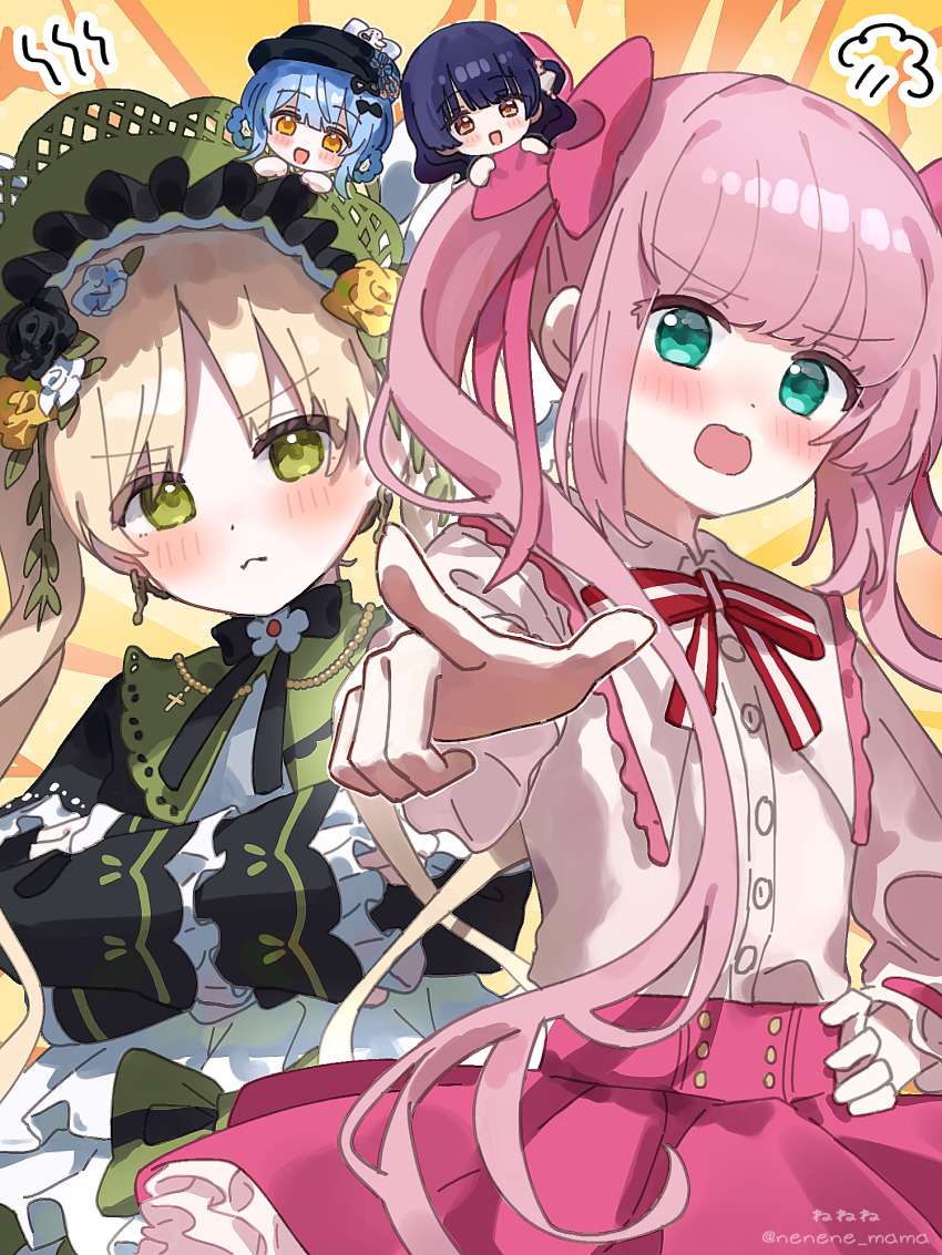 4girls, aquarium_wa_odoranai, black_flower, black_rose, blonde_hair, blush, bonnet, bow, chibi, chibi_inset, commentary_request, crossed_arms, crossover, dress, flower, frilled_dress, frills, green_bonnet, green_dress, green_eyes, hair_bow, highres, kitty_(aquarium_wa_odoranai), lolita_fashion, long_hair, looking_at_viewer, lulu_(aquarium_wa_odoranai), mahou_shoujo_no_majo_saiban, multiple_girls, nene_man, open_mouth, pink_bow, pink_hair, pink_skirt, pointing, pout, puff_of_air, rose, shirt, simple_background, skirt, tachibana_sherry, tono_hanna, twintails, white_shirt, yellow_flower, yellow_rose