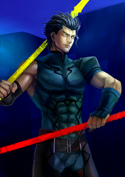 1boy, ahoge, bad_id, bad_pixiv_id, black_hair, diarmuid_ua_duibhne_(fate), diarmuid_ua_duibhne_(lancer)_(fate), dual_wielding