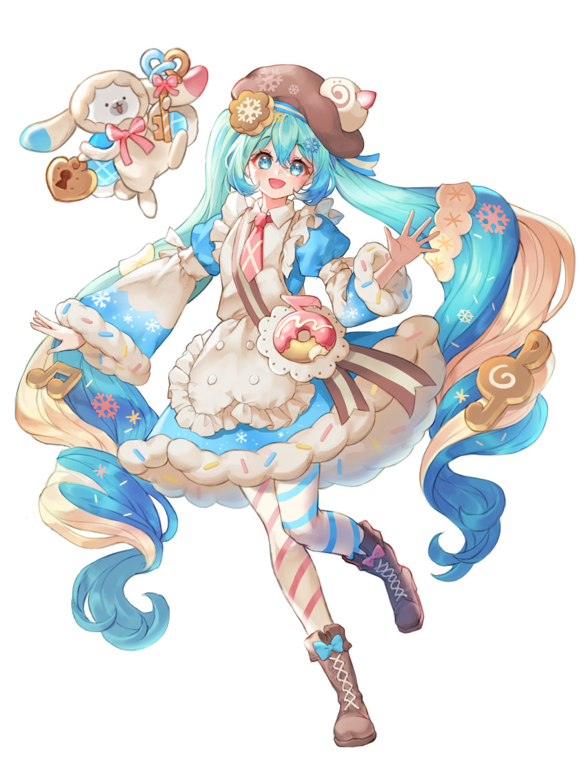 1girl, absurdres, apron, aqua_eyes, aqua_hair, blue_bow, blue_dress, blue_sleeves