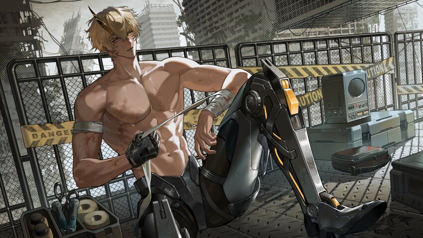 1boy, abs, absurdres, bandaged_arm, bandages, blonde_hair, building, caution_tape, chain-link_fence, cloud, cloudy_sky, collarbone, commentary, crossed_bangs, dutch_angle, english_commentary, fence, foot_out_of_frame, hair_between_eyes, highres, horns, kamui:_aeternion_(pgr), kamui_(pgr), knee_up, male_focus, mechanical_hands, mechanical_legs, muoi, muscular, muscular_male, navel, outdoors, pectorals, punishing:_gray_raven, railing, ruins, scissors, short_hair, single_horn, single_mechanical_hand, sitting, sky, solo, speaker, stomach, sweat, sweatdrop, topless_male, yellow_eyes