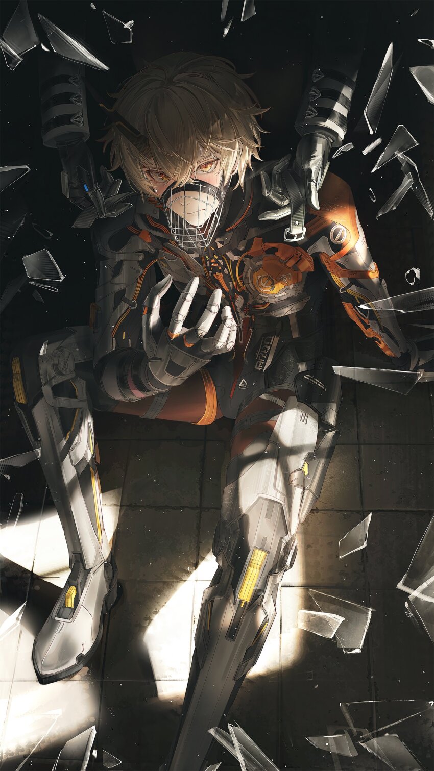 1boy, 1other, absurdres, blonde_hair, broken_glass, closed_mouth, commandant_(pgr), commentary