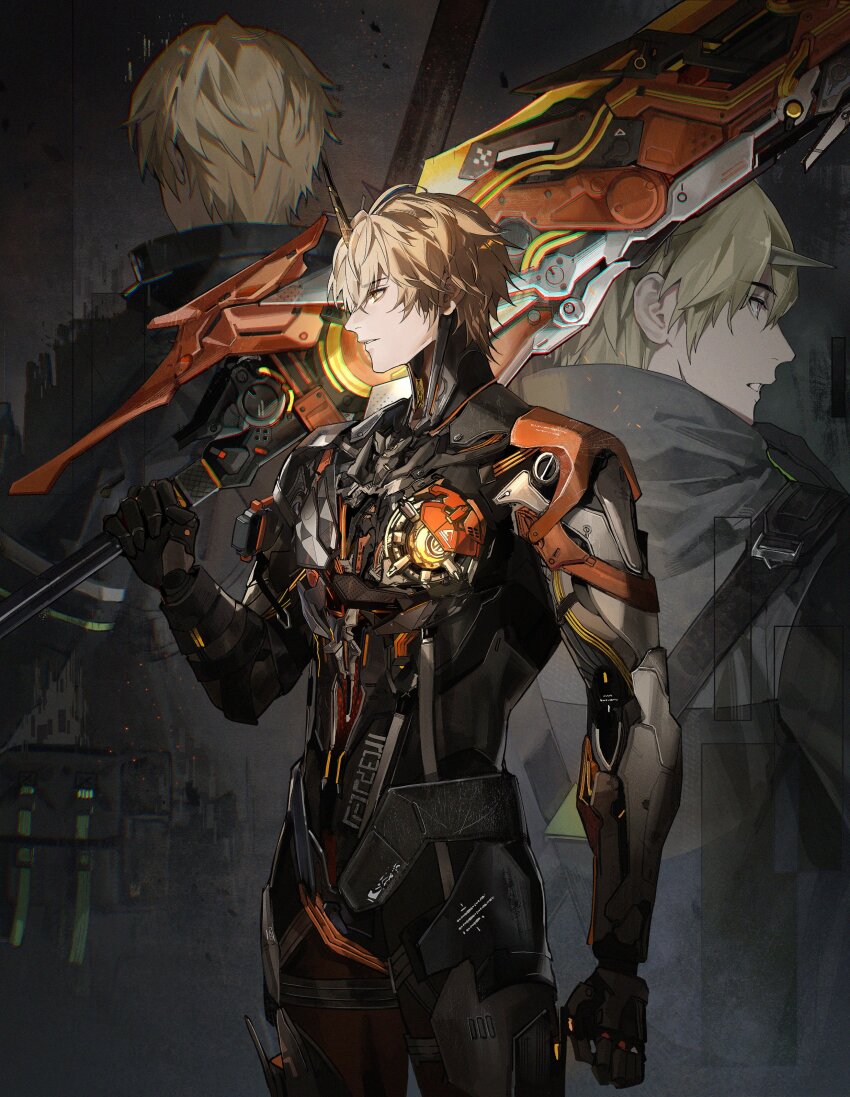 1boy, absurdres, blonde_hair, chromatic_aberration, commentary, english_commentary, greatsword, highres