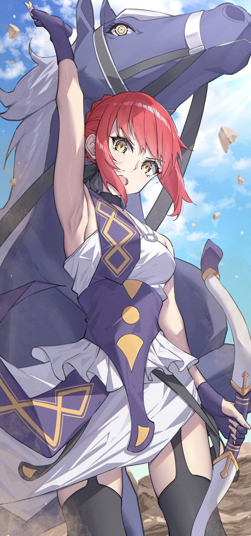 1girl, absurdres, ancient_greek_clothes, black_horse, bow_(weapon), braid, bun_with_braided_base, chiton