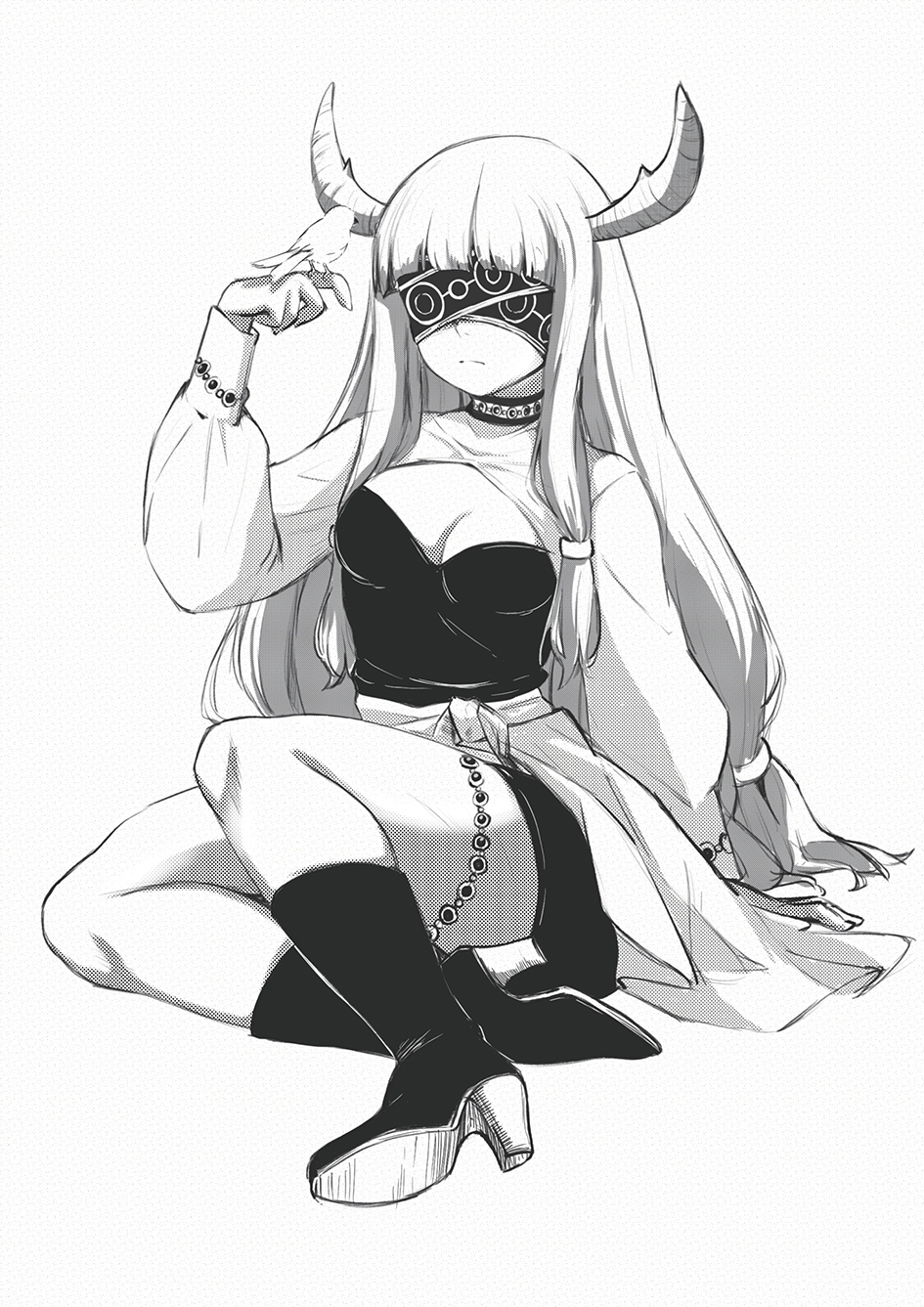 1girl, bird, bird_on_hand, blindfold_mask, blunt_bangs, boots, breasts, choker