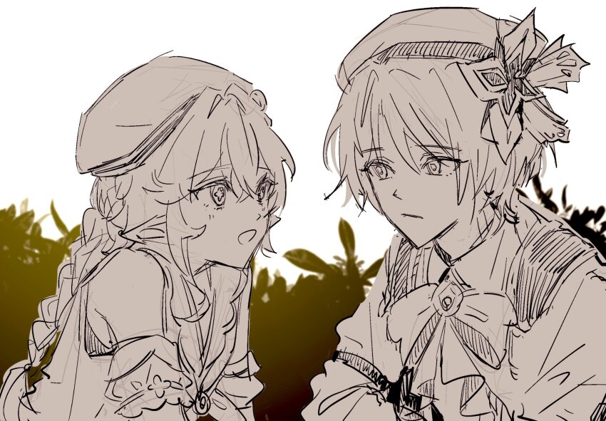 1boy, 1girl, alternate_hairstyle, arm_strap, bare_shoulders, beret, blunt_ends, bow