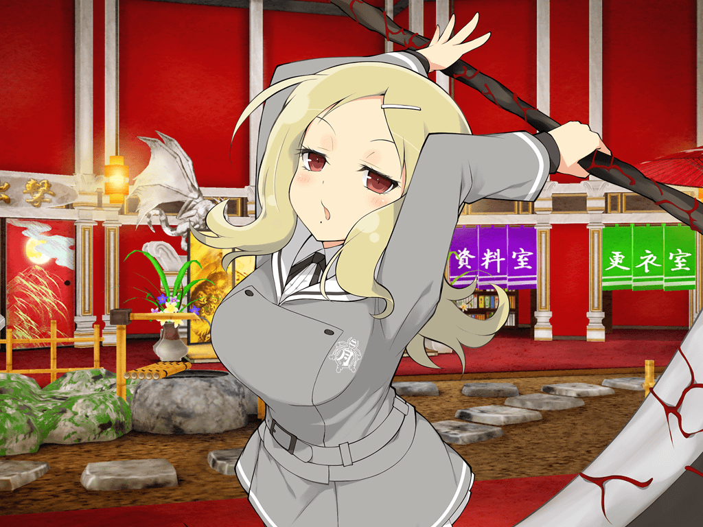 1girl, :o, architecture, arms_up, bamboo_fence, belt, belt_buckle, blonde_hair