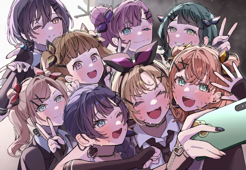 6+girls, :d, ;3, ^_^, anyoji_hime, black_hair, black_necktie, blonde_hair