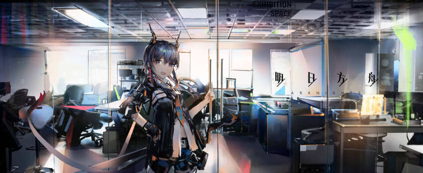 1girl, arknights, black_gloves, black_jacket, black_shorts, blue_hair, ceiling_light, ch'en_(arknights)