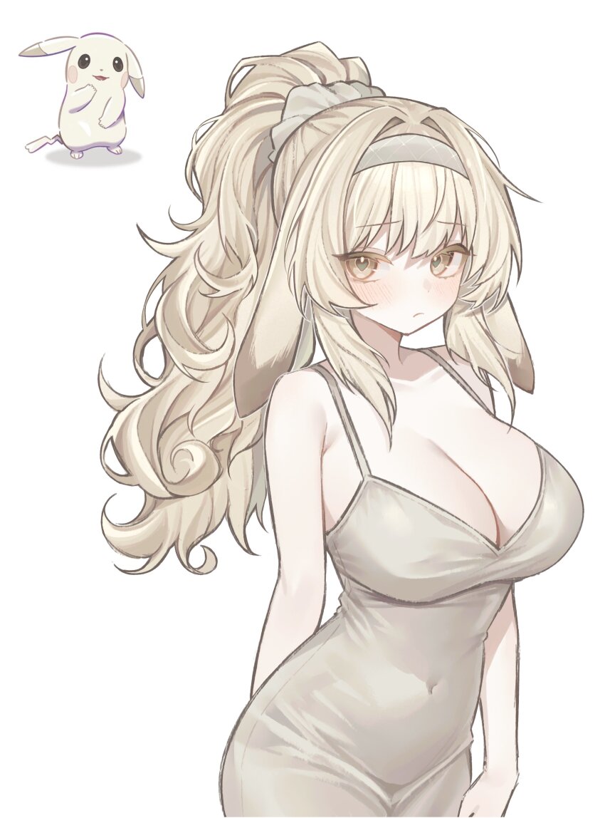 1girl, absurdres, blonde_hair, breasts, cleavage, commentary, dress, gen_1_pokemon