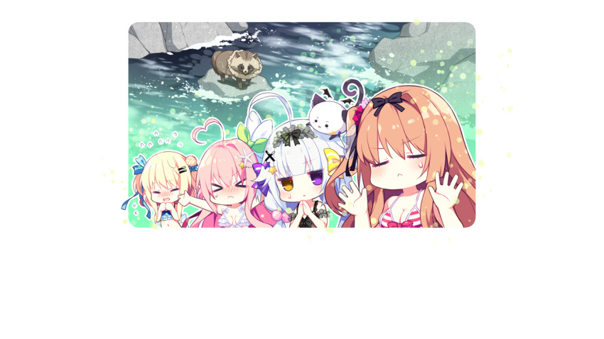 >_<, 4girls, :<, ahoge, animal, animal_focus, animal_on_head, bikini