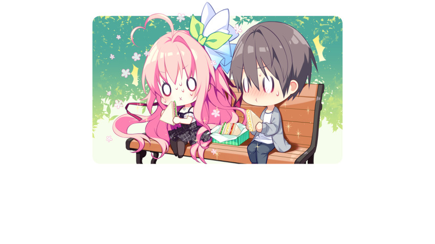 0_0, 1boy, 1girl, :t, ^^^, ahoge, bare_shoulders, bench, black_pantyhose, black_shoes, black_skirt, blue_pants, blush, border, bow, brown_hair, chibi, chibi_only, closed_mouth, feet_out_of_frame, flower_symbol, food, game_cg, green_bow, grey_jacket, hair_between_eyes, hair_bow, haru_haru_(koikoko), harutoki_narumi, heart, heart_ahoge, holding, holding_food, holding_sandwich, honda_tamanosuke, jacket, koi_suru_kokoro_to_mahou_no_kotoba, large_variant_set, long_hair, long_sleeves, non-web_source, nose_blush, off-shoulder_shirt, off_shoulder, on_bench, open_clothes, open_jacket, outdoors, outside_border, pants, pantyhose, pink_hair, plaid_clothes, plaid_skirt, pleated_skirt, sandwich, self-datamine, shirt, shoes, short_hair, short_sleeves, single_hair_intake, sitting, skirt, sparkle, sweat, transparent_border, v-shaped_eyebrows, variant_set, white_shirt, x_mouth