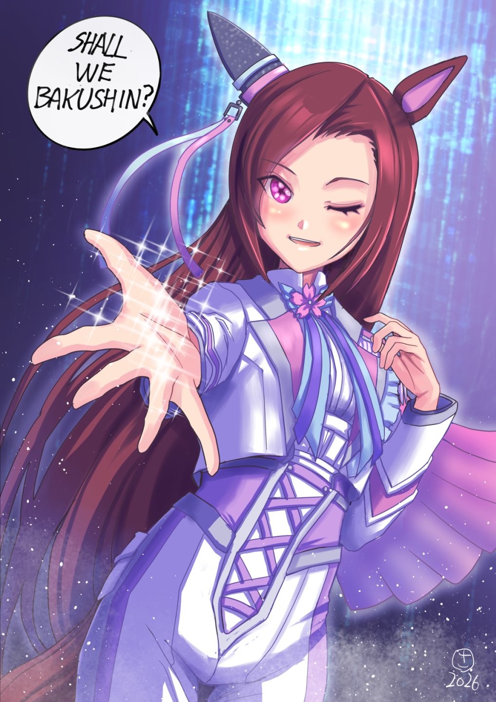 1girl, animal_ears, blush, brown_hair, commentary, ear_covers, english_commentary, flower_in_eye