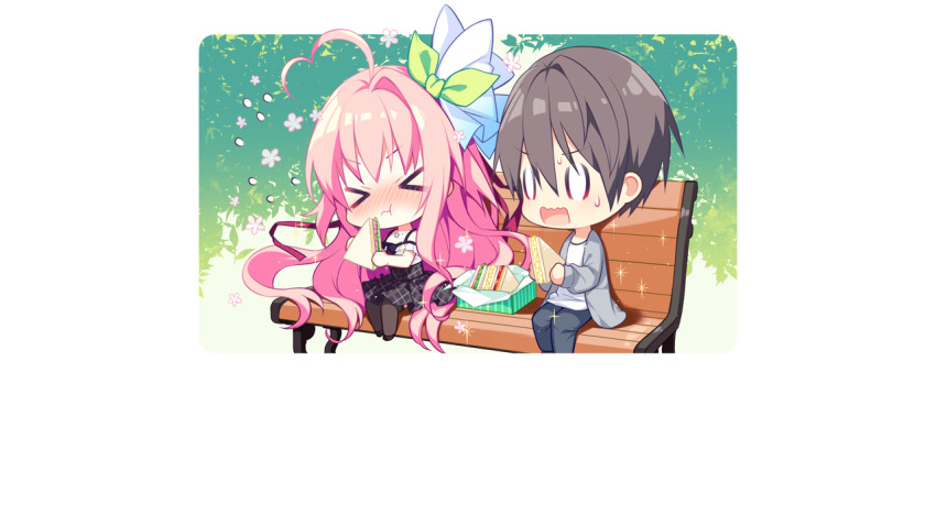 >_<, 0_0, 1boy, 1girl, ahoge, bare_shoulders, bench, black_pantyhose