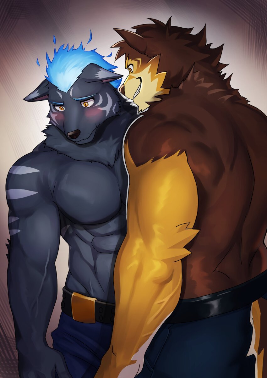 2boys, abs, absurdres, animal_ears, bara, bare_pectorals, barrel_(live_a_hero), beard