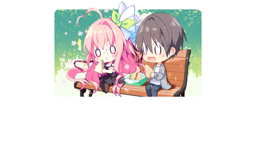 1boy, 1girl, ahoge, bare_shoulders, bench, black_pantyhose, black_shoes, black_skirt