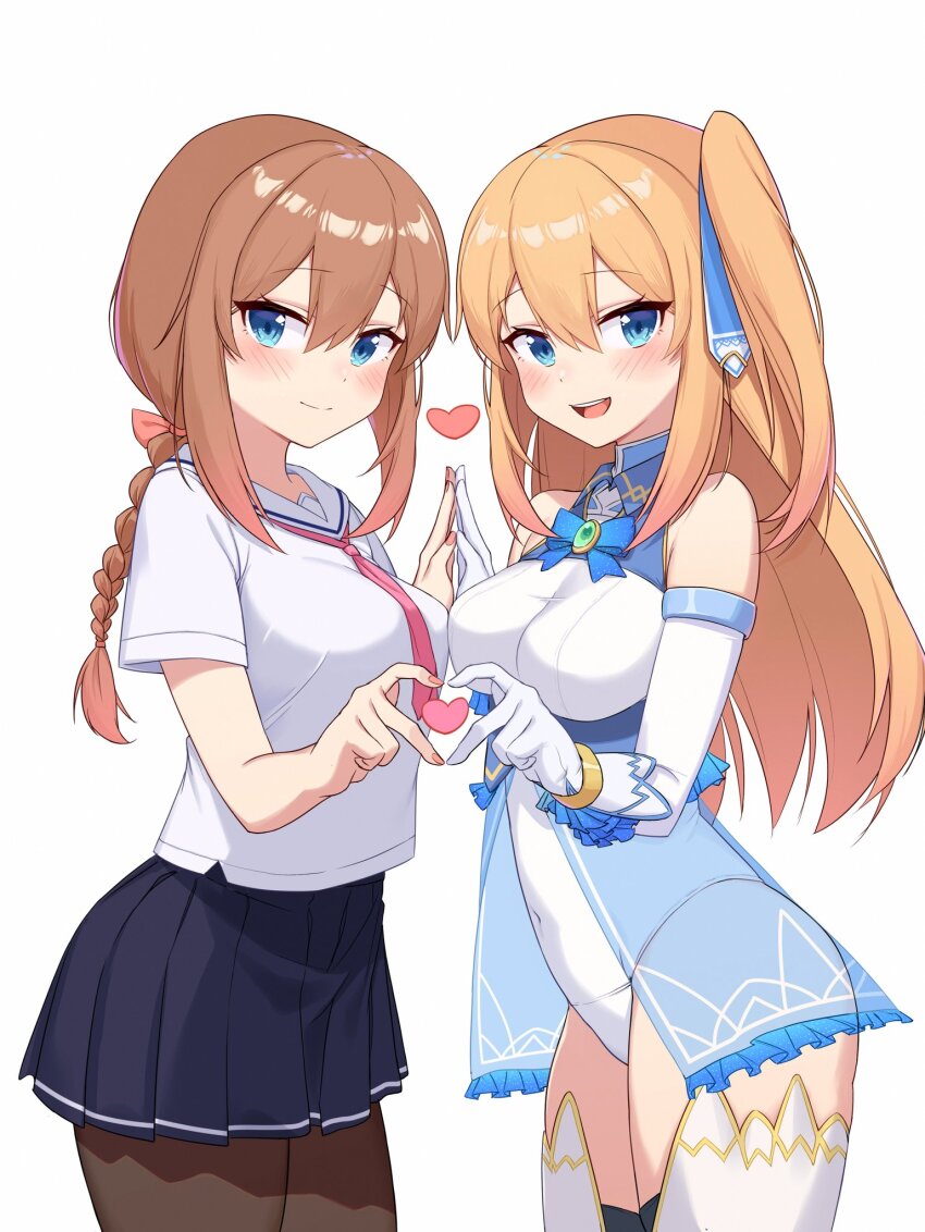 amane_(mahou_shoujo_celesphonia), bare_shoulders, black_pantyhose, blue_eyes, blue_skirt, breasts, brown_hair, celesphonia, commentary_request, covered_navel, elbow_gloves, gloves, highres, large_breasts, lint48074810, mahou_shoujo_celesphonia, orange_hair, pantyhose, school_uniform, serafuku, simple_background, skirt, thighs, white_background, white_gloves