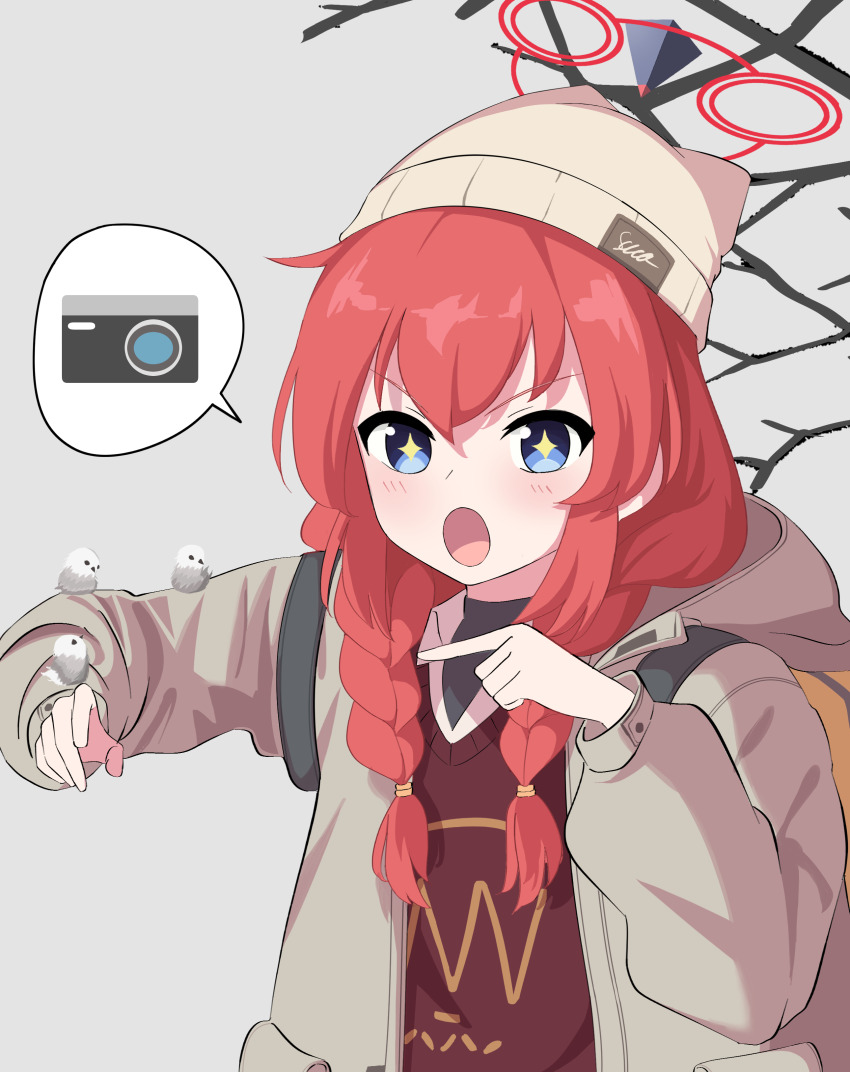 +_+, 1girl, :o, absurdres, animal_ear_headwear, animal_on_arm, bare_tree, beanie