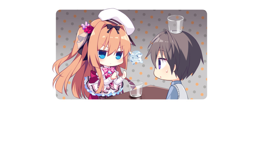 1boy, 1girl, black_bow, blue_eyes, blue_shirt, blush, border, bow