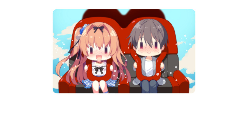 1boy, 1girl, black_bow, black_hair, black_pants, blue_skirt, blush, border