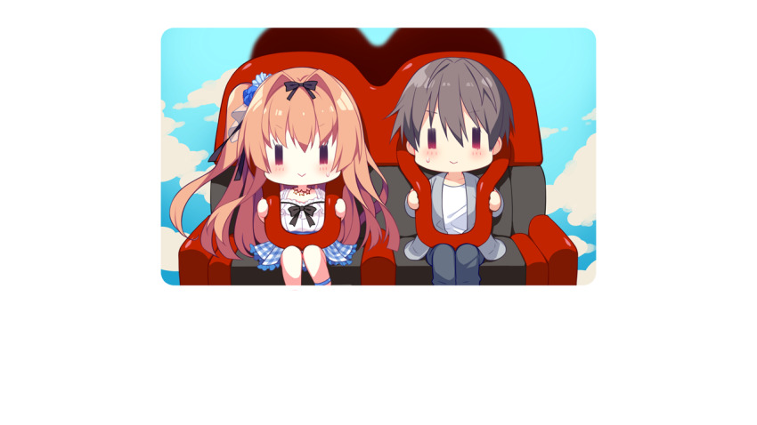 1boy, 1girl, black_bow, black_hair, black_pants, blue_skirt, blush, border