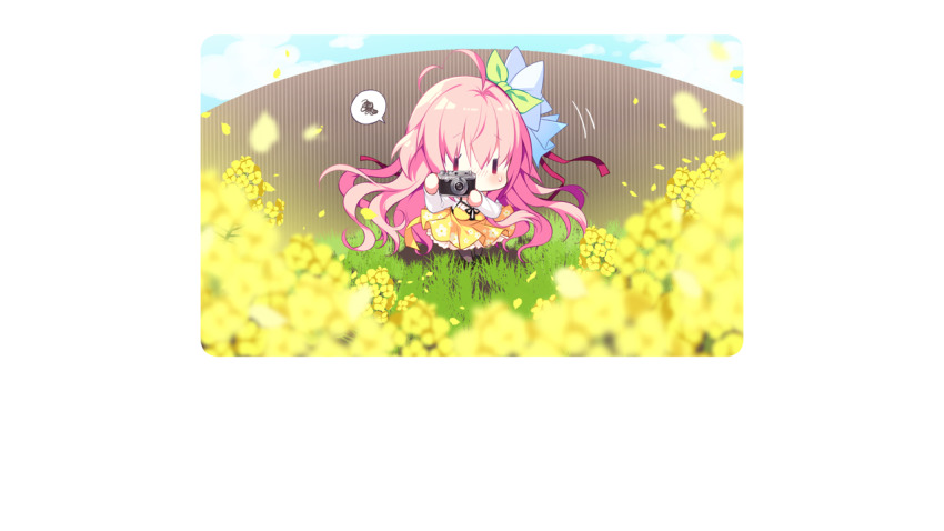 1girl, ahoge, blurry, blurry_foreground, blush, border, bow, camera