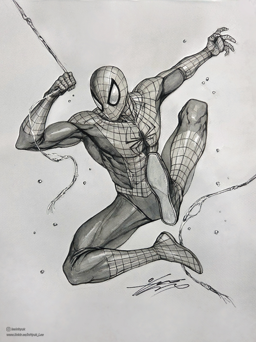 1boy, action_pose, bodysuit, highres, in-hyuk_lee, marvel, peter_parker, pixiv