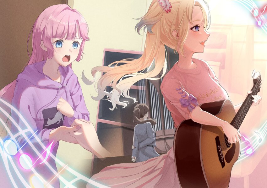 3girls, anyoji_hime, anyoji_hime_(winter_loungewear), blonde_hair, blue_eyes, blue_hair, commentary_request, echoes_beyond_(love_live!)