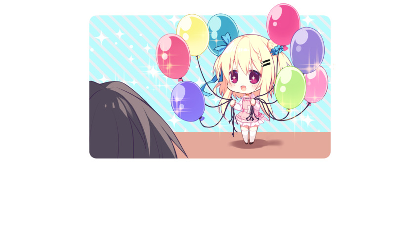 +_+, 1boy, 1girl, :d, balloon, black_shoes, blonde_hair, blue_background