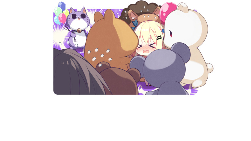 1boy, 1girl, :d, balloon, bear, black_shoes, blonde_hair, blue_background