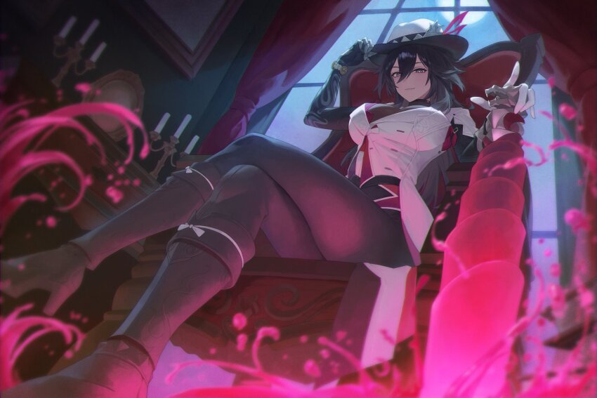 1girl, adjusting_clothes, adjusting_headwear, ashveil_(honkai:_star_rail), black_hair, boots, bracelet, breasts, candlestand, cane, commentary, crossed_legs, curtains, cutoffs, et0, fedora, genderswap, genderswap_(mtf), gloves, grey_eyes, hair_between_eyes, hat, hat_ornament, high_heel_boots, high_heels, highres, holding, holding_cane, honkai:_star_rail, honkai_(series), indoors, jewelry, large_breasts, long_hair, moon, picture_frame, pink_liquid, prosthesis, prosthetic_arm, single_glove, sitting, table, thighs, tight_clothes, untranslatable_commentary, vest, waistcoat, window