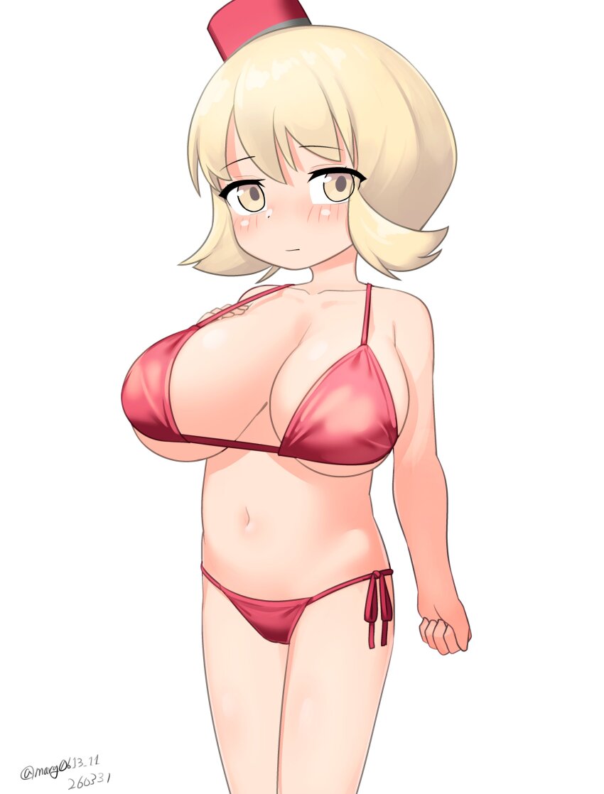1girl, absurdres, bikini, blonde_hair, breasts, cleavage, feet_out_of_frame, hat, highres, kantai_collection, large_breasts, loli, looking_at_viewer, maru_(marg0613), navel, norge_(kancolle), one-hour_drawing_challenge, oppai_loli, red_bikini, red_hat, short_hair, side-tie_bikini_bottom, simple_background, solo, standing, swimsuit, white_background, yellow_eyes