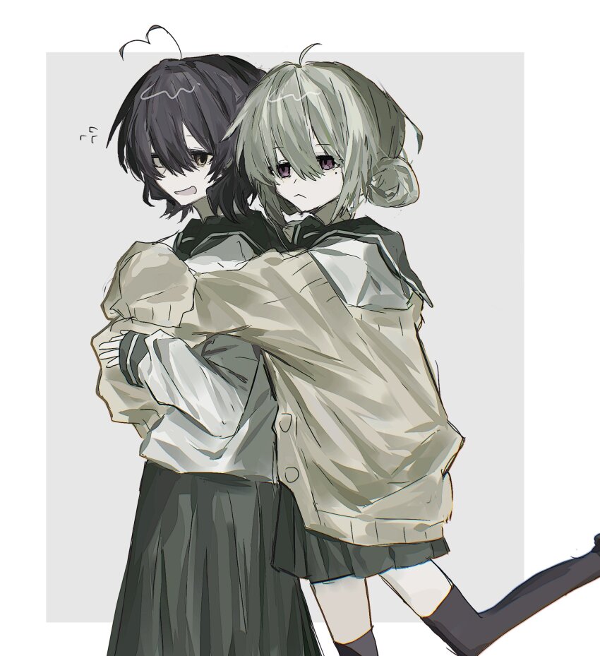 ahoge, araga_kiwi, black_hair, black_thighhighs, blonde_hair, cardigan, commission, double_bun