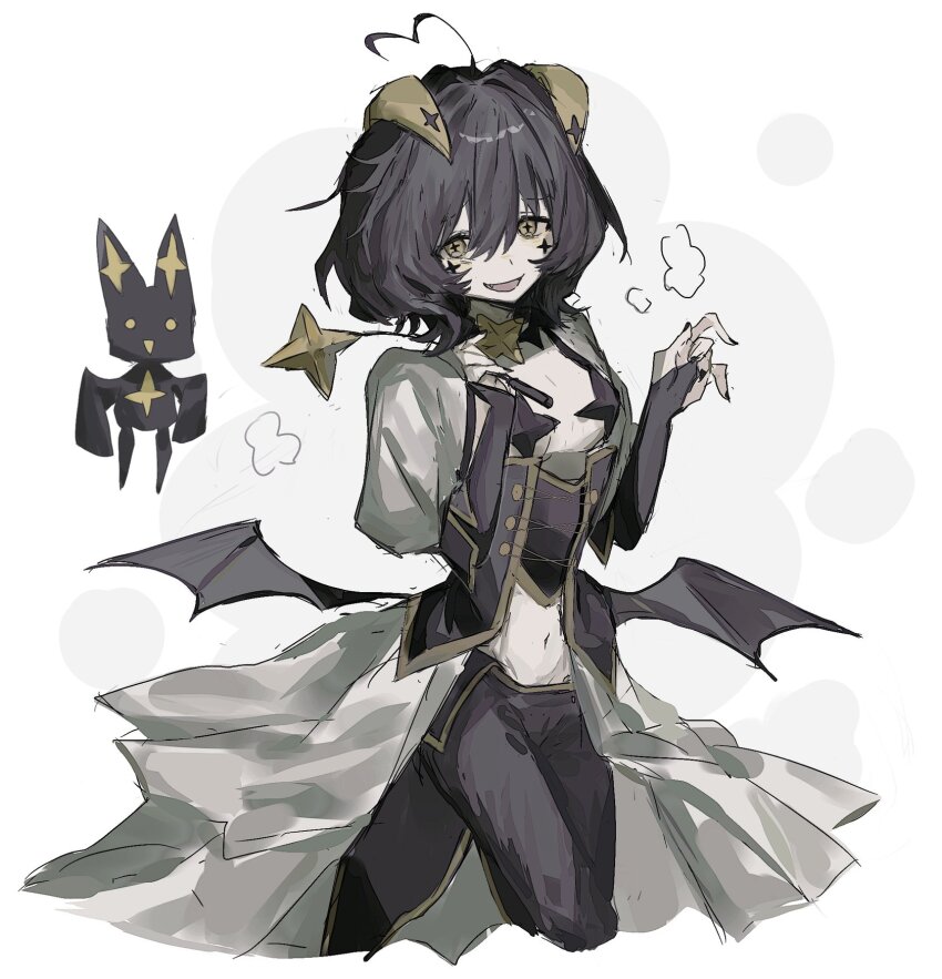 +_+, 1girl, ahoge, black_hair, black_pants, commission, corset, cross, cross_pasties, gem, hair_between_eyes, highres, horns, huge_ahoge, magia_baiser, magical_girl, mahou_shoujo_ni_akogarete, navel, open_mouth, pants, pasties, short_hair, shrug_(clothing), simple_background, skyy459897, star-shaped_gem, venalita, white_shrug, yellow_gem