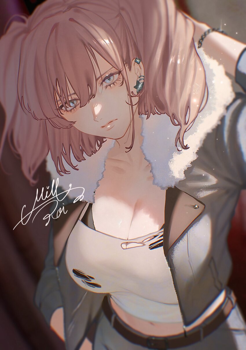 1girl, alternate_costume, arm_up, arms_behind_head, atlanta_(kancolle), belt, black_bra, bra