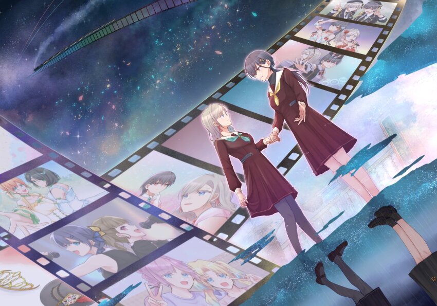 2girls, anyoji_hime, aqua_neckerchief, black_hair, black_pantyhose, black_shoes, blue_eyes, brown_dress