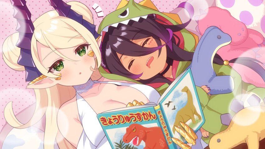 2girls, artist_request, bedtime_story, blonde_hair, book, breasts, cleavage, commentary_request