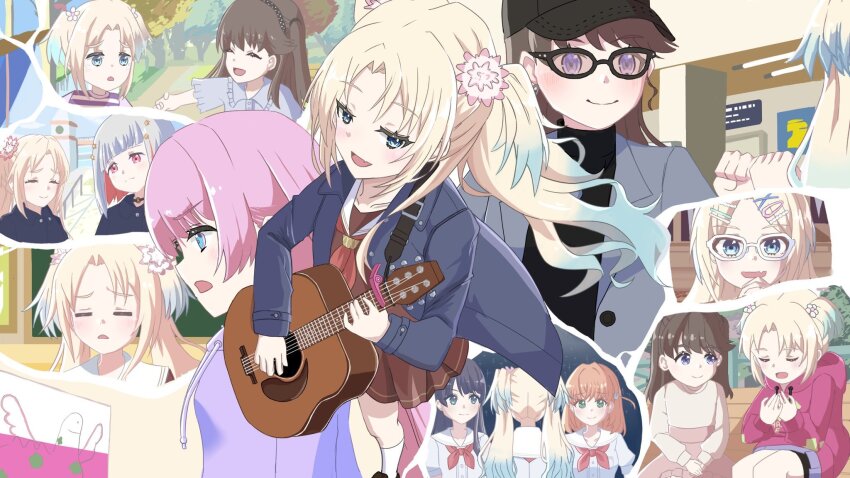 3girls, :d, acoustic_guitar, anyoji_hime, baseball_cap, black-framed_eyewear, black_hair, black_hat