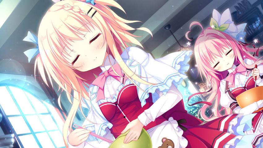 2girls, ahoge, blonde_hair, blue_bow, blush, bow, bowtie, closed_eyes