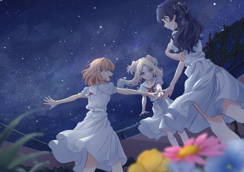 3girls, blonde_hair, blue_eyes, blue_flower, blue_hair, blue_ribbon, blurry, blurry_foreground