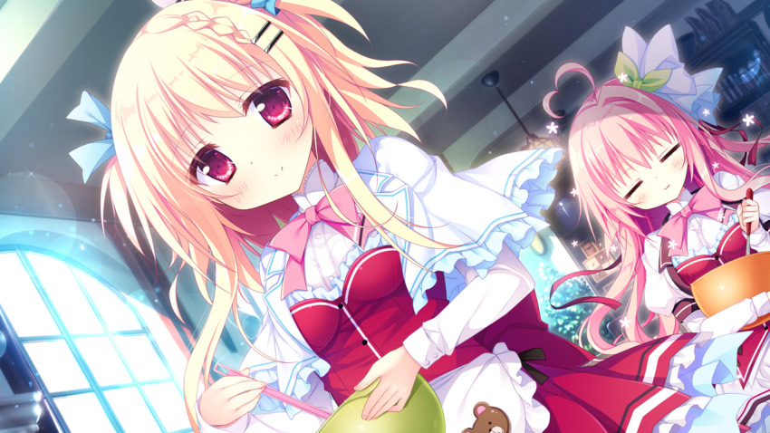 2girls, ahoge, blonde_hair, blue_bow, blush, bow, bowtie, closed_eyes