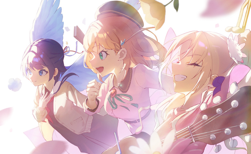 3girls, :d, absurdres, acoustic_guitar, blonde_hair, blue_eyes, blue_hair, blue_wings, breasts, brown_cardigan, brown_dress, cardigan, clenched_hand, closed_eyes, commentary_request, dream_believers, dress, echoes_beyond_(love_live!), flower, green_eyes, green_ribbon, grin, guitar, hair_flower, hair_ornament, hajimari_no_haneoto, half_updo, hand_on_own_chest, hasu_no_sanrenka, hasu_no_sora_school_uniform, highres, hinoshita_kaho, instrument, link!_like!_love_live!, long_hair, long_sleeves, love_live!, medium_breasts, medium_dress, medium_hair, multiple_girls, murano_sayaka, neck_ribbon, neckerchief, open_cardigan, open_clothes, open_mouth, orange_hair, osawa_rurino, parted_bangs, pink_dress, pink_flower, pink_shirt, pleated_dress, profile, rabbit_hair_ornament, red_neckerchief, ribbon, sailor_collar, sailor_dress, school_uniform, shirt, sideways_mouth, smile, sunkeun, two_side_up, virtual_graduation_commemoration, virtual_youtuber, white_background, white_sailor_collar, wings, winter_uniform