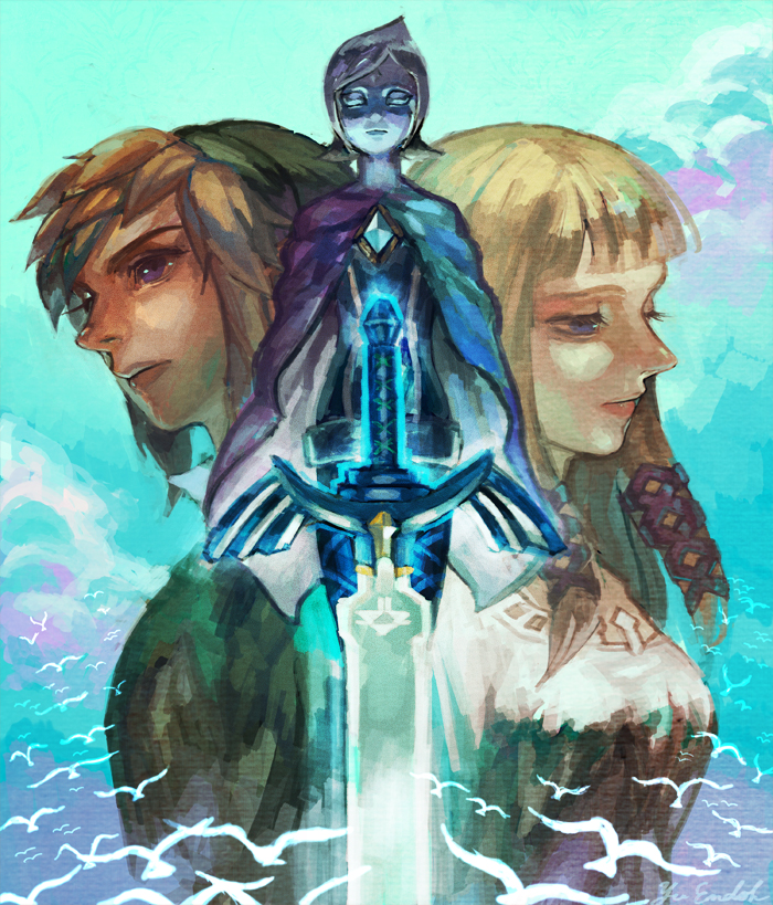 1boy, 2girls, back-to-back, bad_id, bad_pixiv_id, bird, blonde_hair, blue_eyes, blue_hair, cape, endou_yuu, fi_(zelda), hat, link, long_hair, multiple_girls, nintendo, pantyhose, princess_zelda, profile, sky, sword, the_legend_of_zelda, the_legend_of_zelda:_skyward_sword, upper_body, weapon