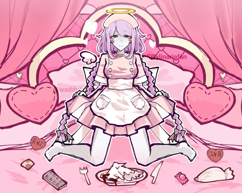 1girl, aisetsubutsu_(vocaloid), apron, barefoot, bed, blush_stickers, bow, braid